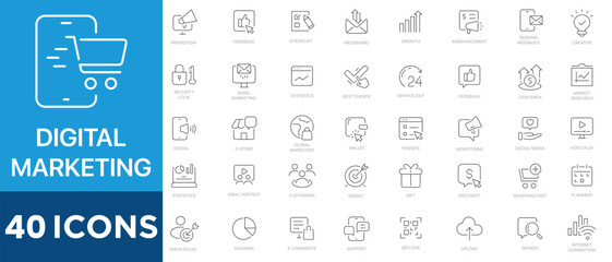 Digital marketing and SEO line icon set. Marketing and search engine optimization outline icon collection. Website, email, analytics, content, strategy, e-commerce. Vector illustration.
