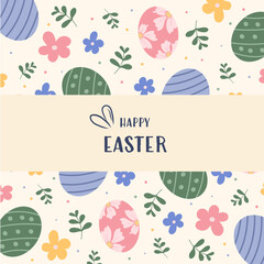 Fototapeta premium Holiday card with a central frame for text on a pattern of decorated Easter eggs, spring flowers, and leaves. Modern minimalist design in pastel colors for festive greetings.