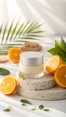 Natural orange vitamin c cream with fresh ingredients and stone pedestals