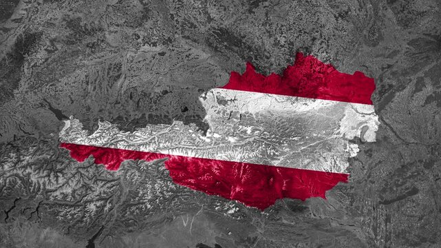 Zoom from Earth to Austria. (Country Flag) Documentary dark map animation with highlighted country borders. 3d satellite world map animation highlights aerial views, tourism, and travel. 4k