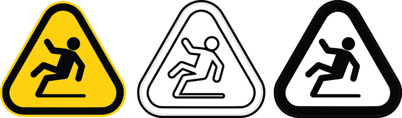 Set of Slippery Wet Floor Warning Signs Vector Icons in Different Styles