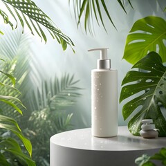 Natural beauty product presentation: white pump bottle in fresh botanical setting
