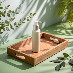 A minimalist white pump bottle on a natural wooden tray with green foliage