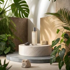 Natural and organic product display with perfume bottle on stone podium surrounded by green plants