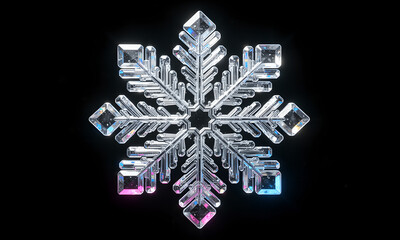 Extreme close-up of a crystal snowflake with blue and pink light reflections on black background