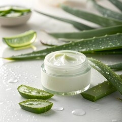 A jar of natural aloe vera cream with fresh leaves for skincare and hydration