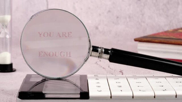 A magnifying glass reveals a hidden message, YOU ARE ENOUGH, emphasizing self-worth. Its on a desk with books and an hourglass, symbolizing time and knowledge