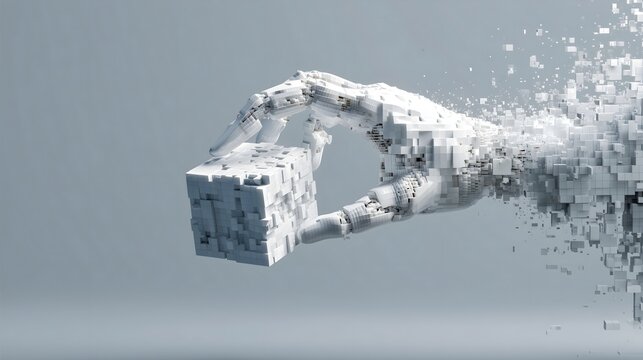 AI Robot Hand Holding Digital Cube, Artificial Intelligence and Future Technology Concept with Data Transformation