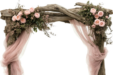 Rustic wooden arch adorned with pink flowers & draped fabric