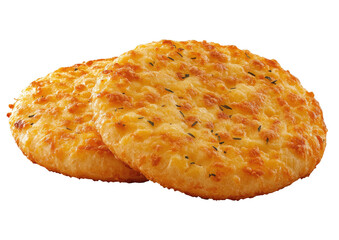 Two cheese-topped round flatbreads, golden, on black