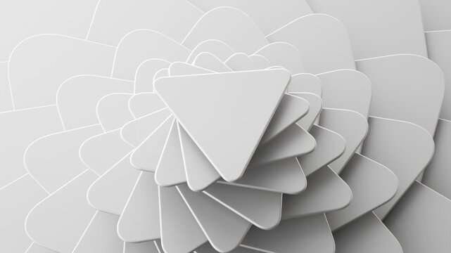 cycled 3d animation, abstract geometric background. White triangular cards twist and rotate counterclockwise. Shifting layers