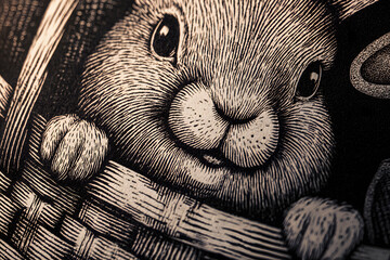 Cute rabbit in a basket looking out during springtime activities at a garden scene with colorful flowers and greenery around