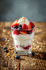 Glass with Greek yogurt and red berries
