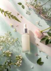 Natural skincare serum bottle with floral elements on a gentle background