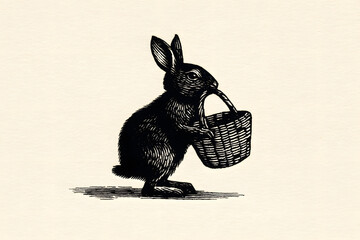 Rabbit carries basket in detailed black and white drawing with clear lines and shapes