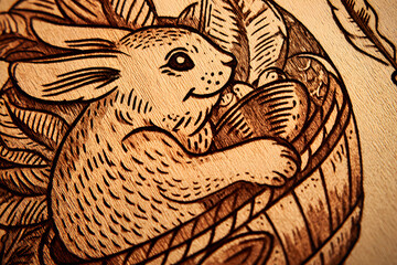Craftsman carves a bunny design into a wooden surface showing intricate details and playful expressions during daytime