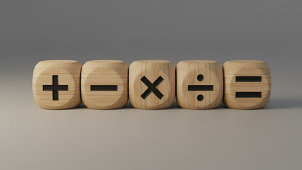 Mathematical symbols on wooden blocks representing arithmetic concepts

