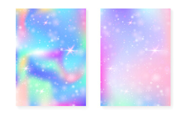 Princess background with kawaii rainbow gradient. Magic unicorn hologram. Holographic fairy set. Fluorescent fantasy cover. Princess background with sparkles and stars for cute girl party invitation.