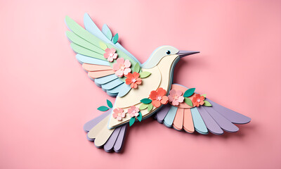 Beautiful pastel paper craft bird flying with floral decoration on a pink background