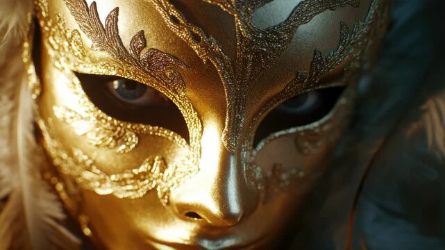 Masked figure with intricate design and gold hue, suggesting enigma or theatrics.