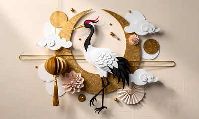 Stylish 3D Paper Art Red-Crowned Crane, Golden Crescent Moon, and Festive Lantern on Beige.
