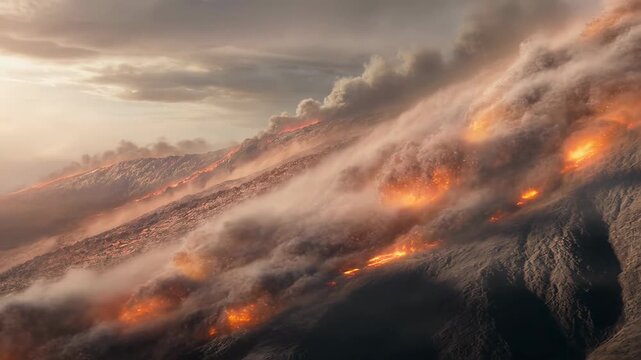 Volcanic eruption with glowing pyroclastic flow and lava racing down rugged mountain under dramatic cloudy sky