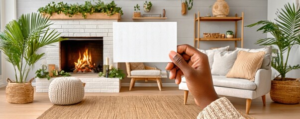 Fototapeta premium Hand holding an empty white greeting card in a cozy living room with a lit fireplace and greenery