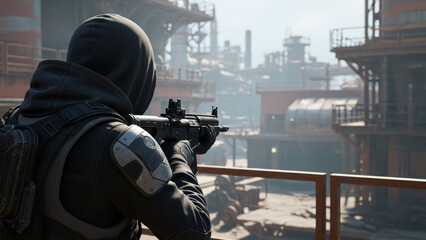 Armed figure surveying a conflict zone in a tense atmosphere against an industrial background for military-themed contexts