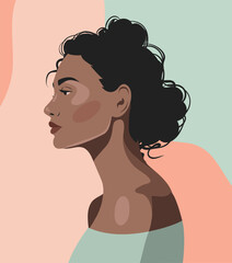 Vector abstract portrait of a beautiful dark-skinned woman with curly hair in profile. Ideal for topics related to diversity, beauty, fashion, and culture. Avatar for social media © AyaLinesDesign