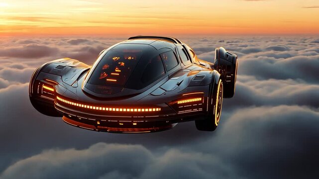A futuristic flying car hovers above the clouds during a vibrant sunset.