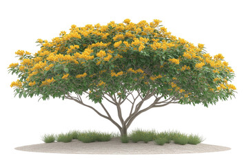 Lush tree golden blooms, green leaves, elegant branches