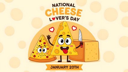 Cheerful cartoon cheese slice and pizza slice celebrating National Cheese Lovers Day