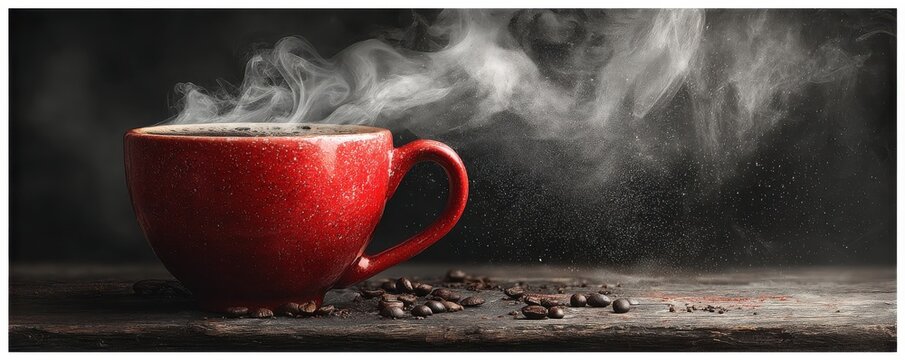 Red coffee cup with rising steam on a rustic wooden table surrounded by coffee beans - Powered by Adobe