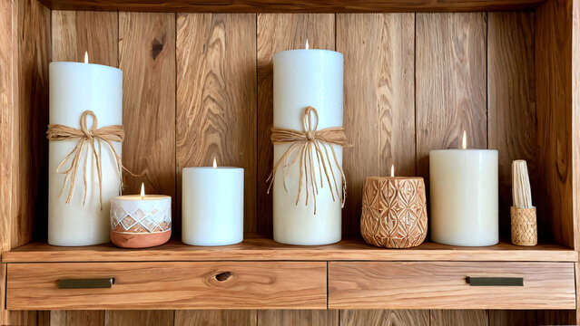 Dekorative wei&szlig;e Stumpenkerzen mit Kordel auf einem rustikalen Holzregal