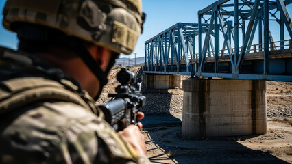Soldier on alert in combat mode showcasing vigilance and readiness around a bridge in a tactical environment, suitable for themes related to conflict in the Middle East.
