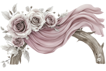 Floral bouquet draped with mauve fabric, arched branch base
