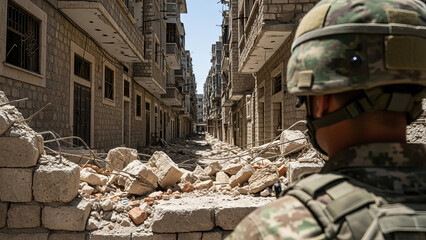 Soldier observing a war-torn street with a serious demeanor, representing resilience and conflict in a devastated environment.