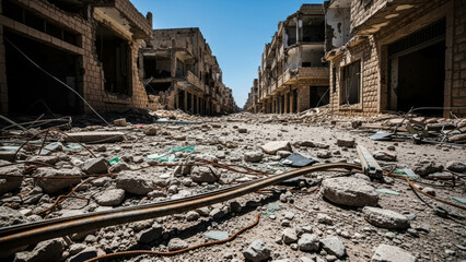 Abandoned street filled with rubble and debris representing destruction and loss under a clear blue sky for contexts related to conflict in the Middle East.