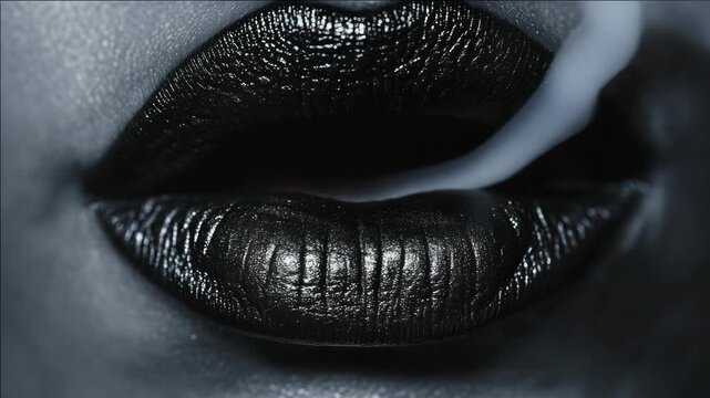 Close-up of woman with glossy black lipstick, smoking cigarette.
