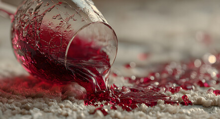 A shattered wine glass lies tilted across a light beige carpet, its deep red liquid spreading in an irregular stain as it drips onto the fibers below