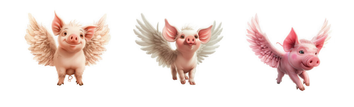 three adorable pink piglets with fluffy white wings in whimsical poses on transparent background high quality