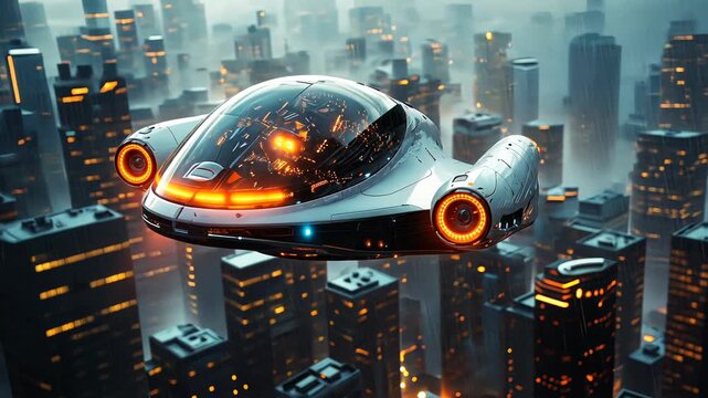 A futuristic flying car soars over a misty city at dusk, showcasing innovative urban transport.