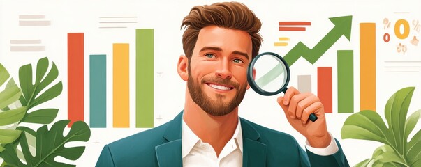 Confident businessman analyzes growth with magnifying glass beside rising bar chart