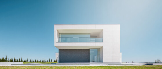 Modern white minimalist house under blue sky