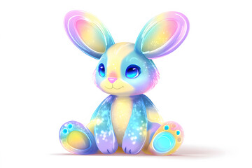 Cute rabbit toy sitting with colorful fur and bright eyes in a simple setting made for children and toy lovers