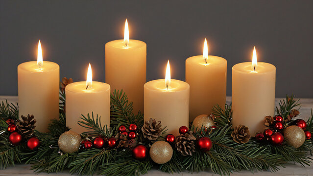 Festliches Weihnachtsgesteck mit sechs brennenden Stumpenkerzen und roten Beeren