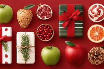 Festive Christmas decorations with gifts, ornaments, pinecones and citrus on a red background for holiday promos