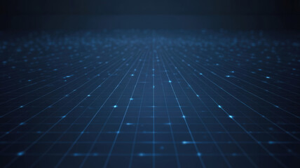 Futuristic digital grid floor with glowing blue light points in dark virtual perspective for cyber technology