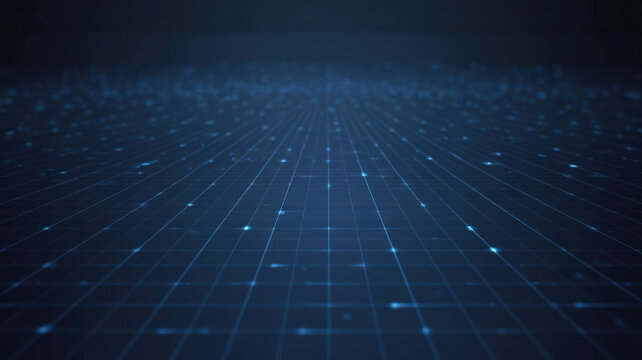 Futuristic digital grid floor with glowing blue light points in dark virtual perspective for cyber technology
