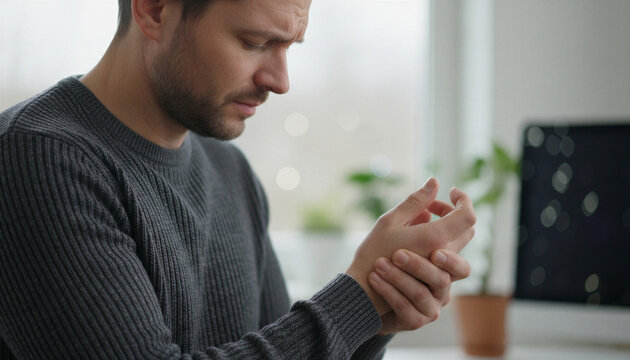 Concerned man touching painful wrist, suffering from joint inflammation or carpal tunnel syndrome at work.